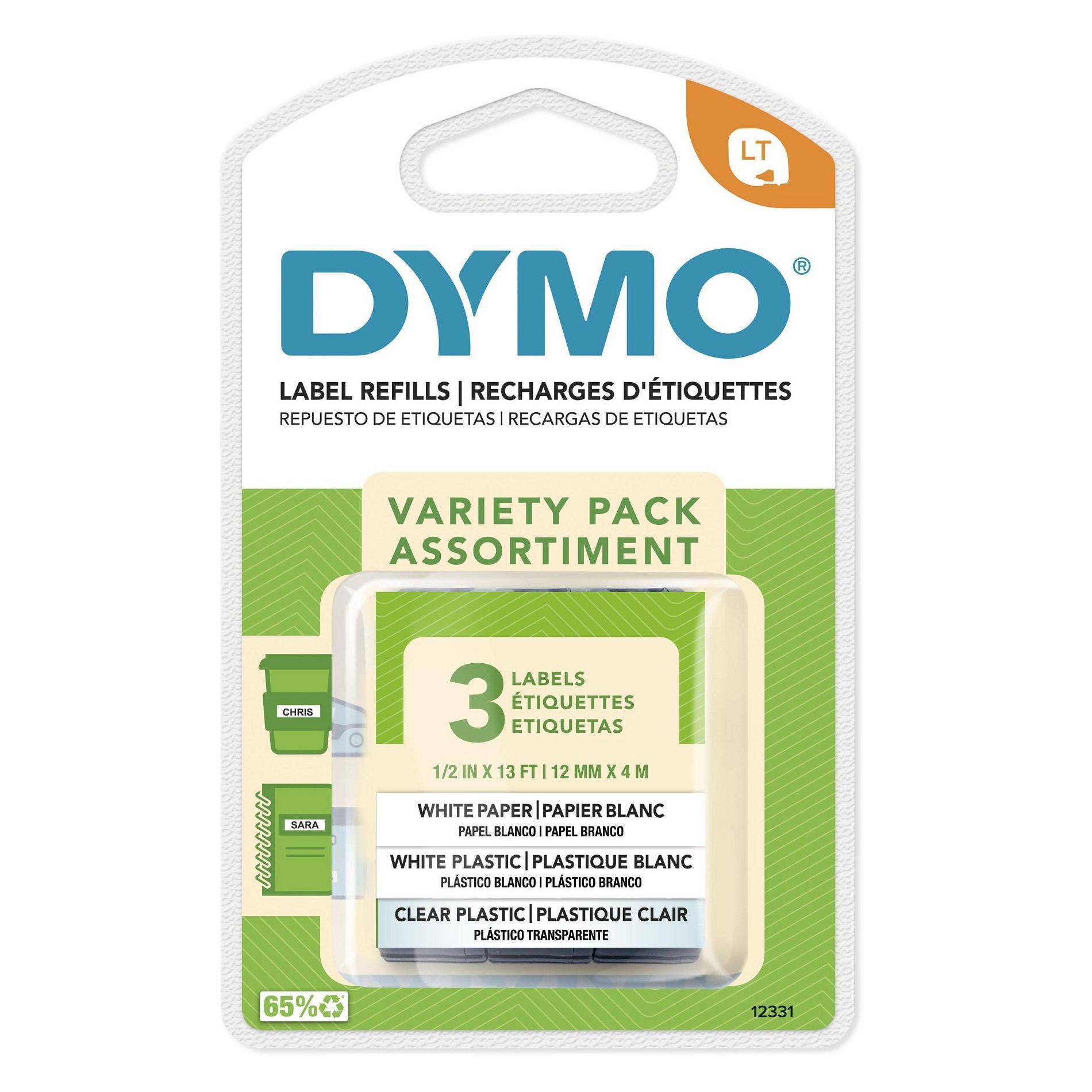 DYMO LetraTag 3pk Label Tape - Clear/White Paper/White Plastic: Label Maker Tape Cartridges, Multiple Colors Refill