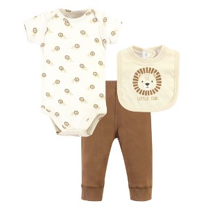 Hudson Baby Infant Boy Cotton Bodysuit, Pant and Bib Set, Brave Lion - 1 of 4