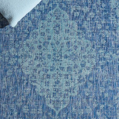 Navy and Aqua Courtyard Indoor/Outdoor Rectangular Rug