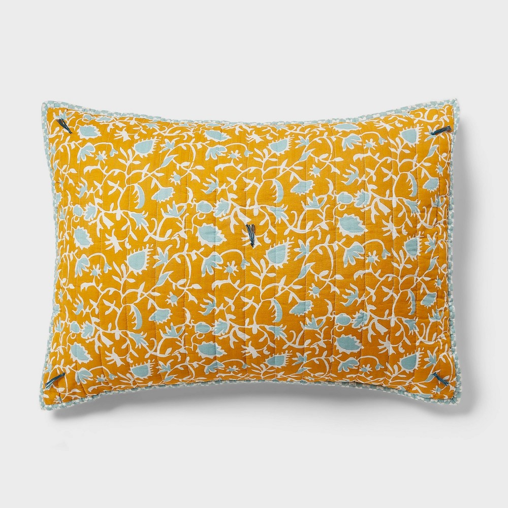 Standard Earthy Vines Quilt Sham Mustard Yellow/Teal Blue - Threshold™: Cotton Voile, Botanical Design, OEKO-TEX Certified