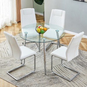 KWPZQEB Round Dining Table and Chairs for 4, Round Dining Table with Tempered Glass & Metal Legs, Paried With 4 High-quality PU Chairs for Dining Room - 1 of 4