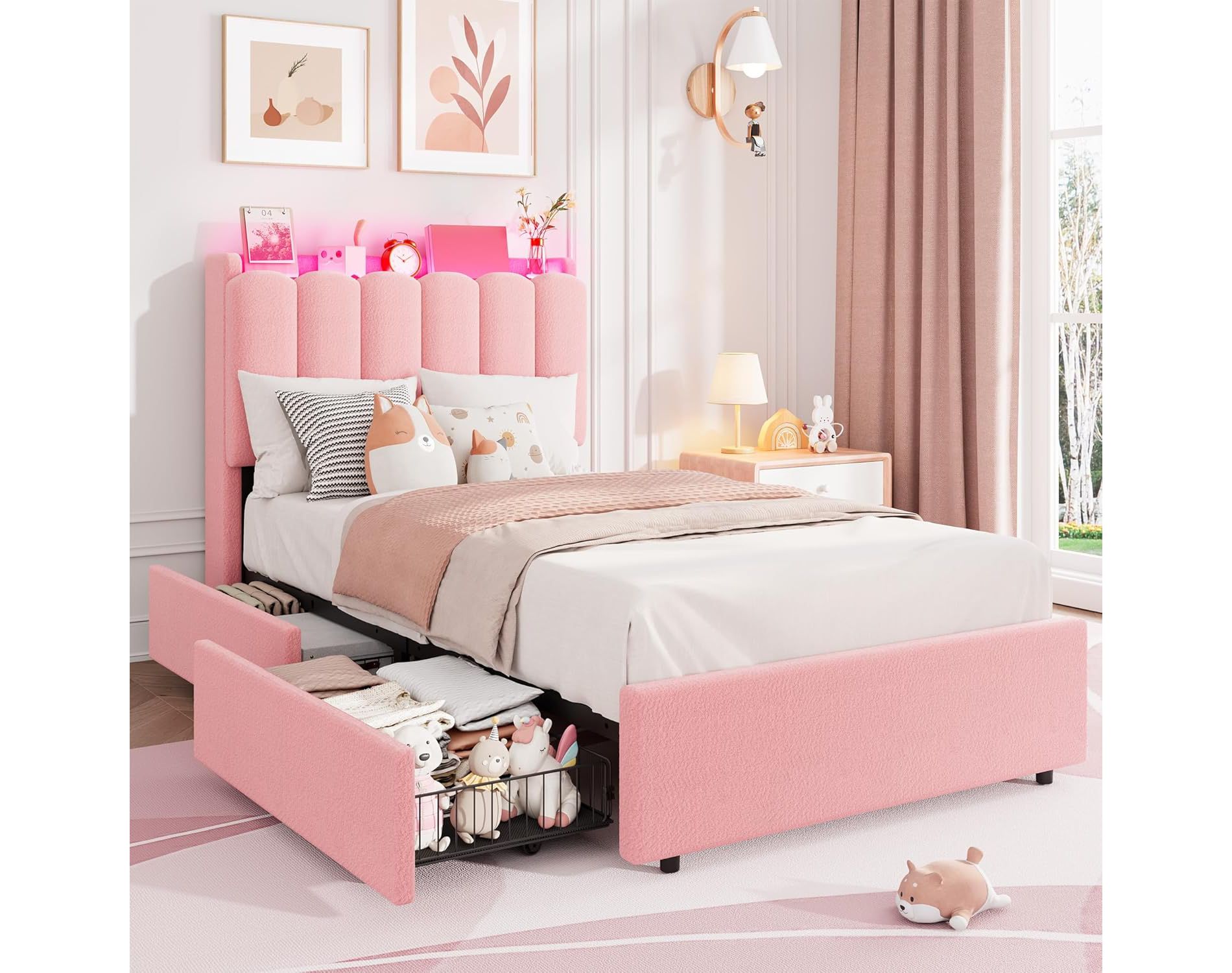 Bed Frame with Storage Headboard, Kids Bed Frame with 2 Drawers