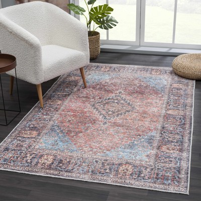 Hauteloom Light Blue and Burgundy Rectangular Polyester Area Rug