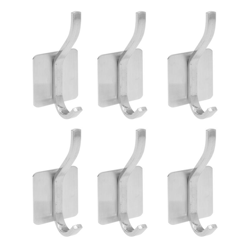 Built Industrial 6 Pack Double Post Heavy Duty Stainless Steel Self Adhesive Metal Wall Hooks for Hanging, Silver, 3.6 In, 1 of 8