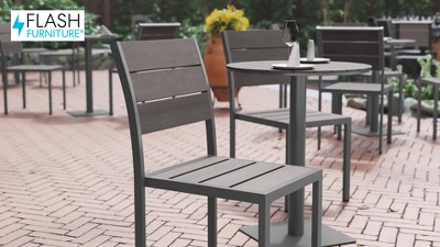 Gray Metal Armless Stackable Patio Chair with Faux Teak Slats
