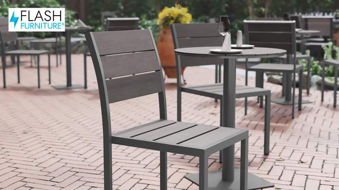 Flash Furniture Finch Commercial Grade Patio Chair with Arms, Stackable Side Chair with Faux Teak Poly Slats and Metal Frame, 2 of 13, play video