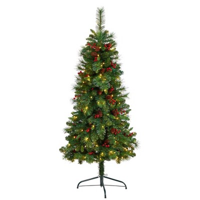 Nearly Natural 5-ft Flat Back Montreal Mountain Artificial Christmas Tree with Pine Cones and Berries