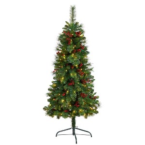 Nearly Natural 5-ft Flat Back Montreal Mountain Artificial Christmas Tree with Pine Cones and Berries - 1 of 4