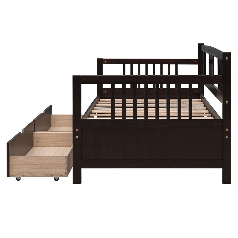 Twin Size Daybed Frame With 2 Drawers And 3 Side Guardrail, Wooden Slats Support, No Box Spring Needed, Daybed Bed Frame, 3 of 8