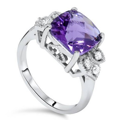 Pompeii3 4 1/4ct Cushion Amethyst Vintage Diamond Ring 14K White Gold