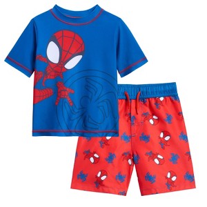 Marvel Avengers Spider-Man Captain America Hulk Iron Man Pullover Rash Guard & Swim Trunks Outfit Set Toddler to Big Kid - 1 of 4