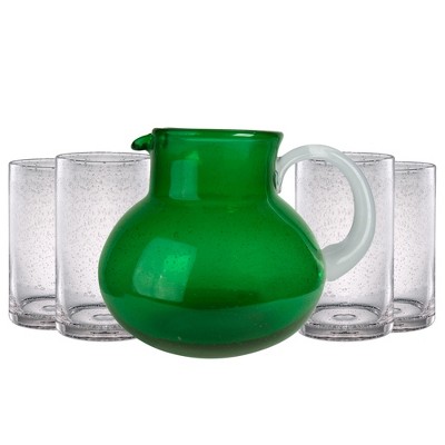 Artland Iris 90oz Hand Blown Pitcher & Set of 4 17oz Highball Glasses, Unique Bubble Design, Lead-Free Glass for Serving Beverages