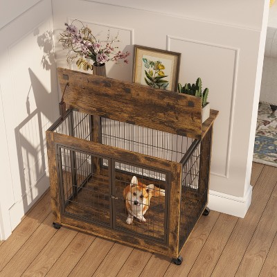 Furniture-Style Dog Crate End Table with Double Doors, Wooden Dog Kennel with Wire Panels & Pet Bed, Decorative Dog House for Small Medium Dogs