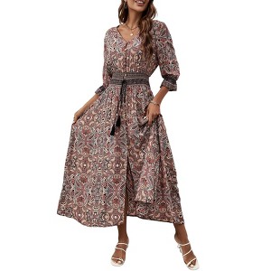 Women's V-Neck Maxi Dress 3/4 Sleeve Button Down Beach Dress with Smocked Waist - 1 of 4