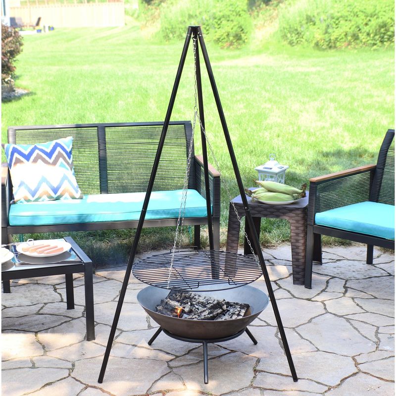 Sunnydaze Outdoor Camping or Backyard Steel Tripod Fire Pit Cooking Grilling BBQ Grate - 22" - Black, 3 of 12