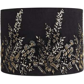 Springcrest Drum Lamp Shade Black and Gold Floral Velvet Medium 15" Top x 15" Bottom x 11" High Spider Harp and Finial Fitting