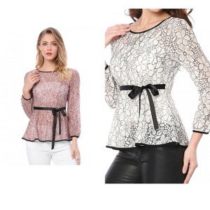 INSPIRE CHIC Women's 2 Packs Semi-Sheer Elegant Tie Waist Long Sleeve Floral Lace Peplum Blouses Green X-Large - 1 of 4