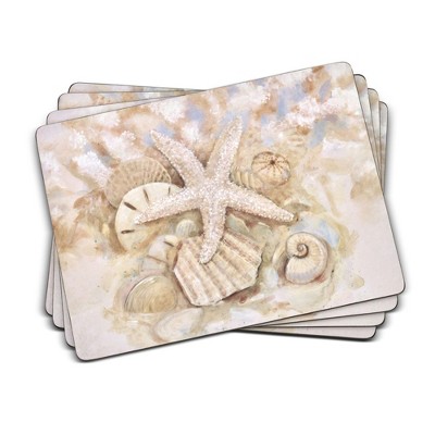 Pimpernel Beach Prize Placemats, Set of 4, Cork-Backed Table Mats with Coastal Seashell Artwork, Nautical Patio Décor, Heat & Stain Resistant