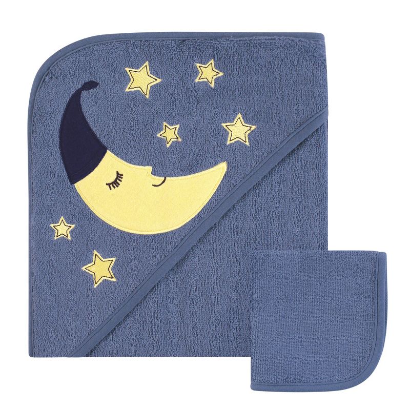 Hudson Baby Infant Boy Cotton Hooded Towel and Washcloth 2pc Set, Moon, One Size, 1 of 3