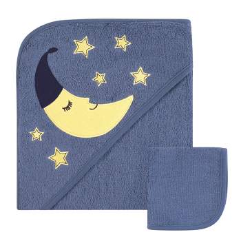 Hudson Baby Infant Boy Cotton Hooded Towel and Washcloth 2pc Set, Moon, One Size