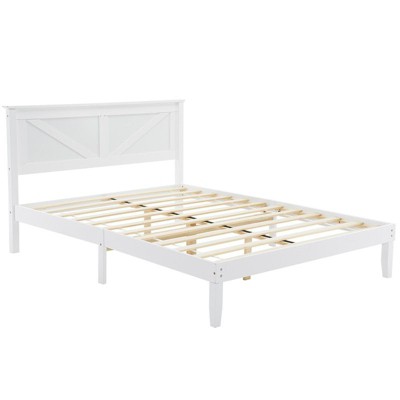 Karl Home White Wood Bed Frame Queen Size Platform Bed with Headboard