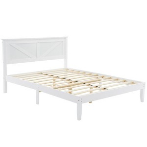 Karl Home White Wood Bed Frame Queen Size Platform Bed with Headboard - 1 of 4