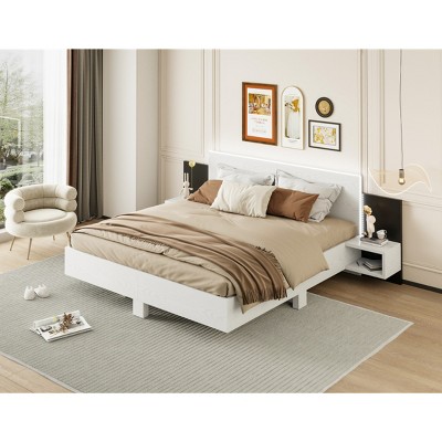 Floating Platform Bed, Bed with LED Headboard Light and Built-in Bedside Nightstands, Modern Particle Board Frame Bed-Baofuwish
