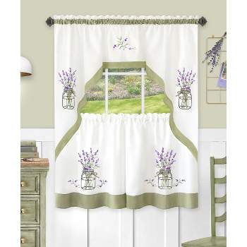 Kate Aurora Montauk Accents Lavender Floral Embellished Complete 3 Piece Kitchen Curtain Tier & Valance Set