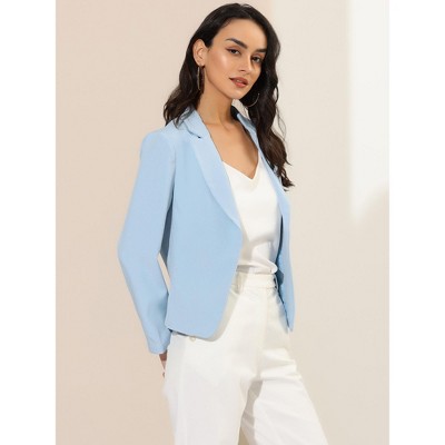 INSPIRE CHIC Women's Open Front Office Long Sleeve Lightweight Printed Floral Cropped Suit Blazer Small Sky Blue-Solid — фото 2