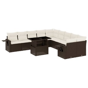 vidaXL Patio Sofa Set with Cushions Outdoor Furniture 11 Piece Poly Rattan - Brown and Cream - 1 of 4