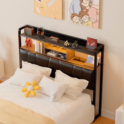 Aheaplus Upholstered Headboard with Storage Shelf, Charging Station and LED Light