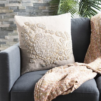 Beige Cotton Glitter Embellished Square Throw Pillow