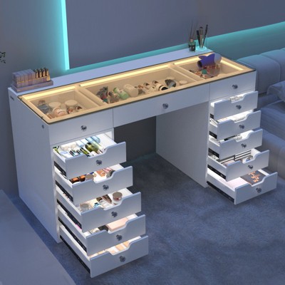 VANITII 13 Drawers With Lights Modern Makeup Vanity Desk Dressing Table, White