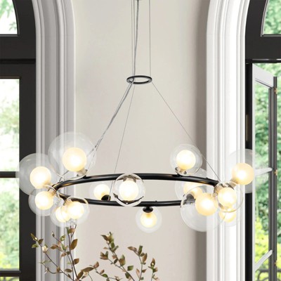 Rennnsan Quinlith 32"W 14-Light Wagon Wheel Glass Classic Dimmable Chandelier in Black