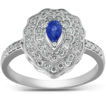 Pompeii3 3/4 Ct Pear Shape Blue Sapphire & Diamond Halo Vintage Fashion Ring White Gold