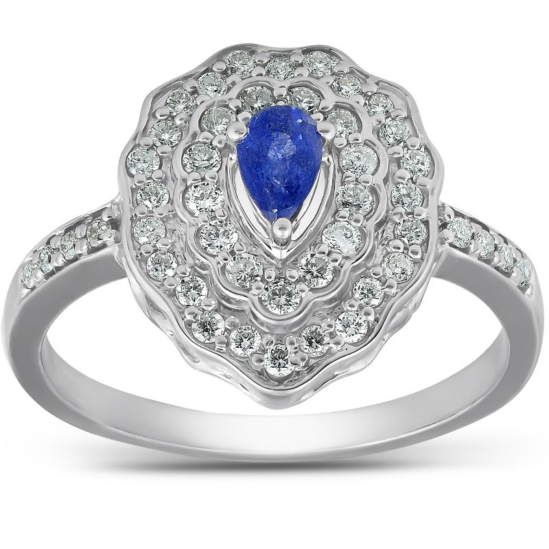 Pompeii3 3/4 Ct Pear Shape Blue Sapphire & Diamond Halo Vintage Fashion Ring White Gold, 1 of 5