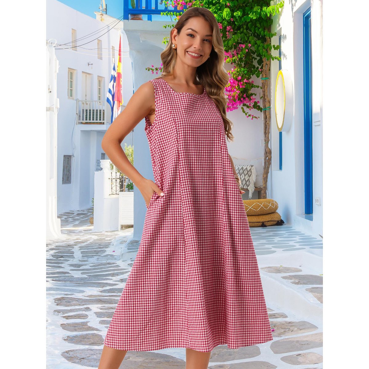 Женские платья INSPIRE CHIC Women's Summer Plaid Sleeveless Square Neck Babydoll Casual with Pockets Midi Dress Black Small 2 Packs Red/Blue Large — фото 3