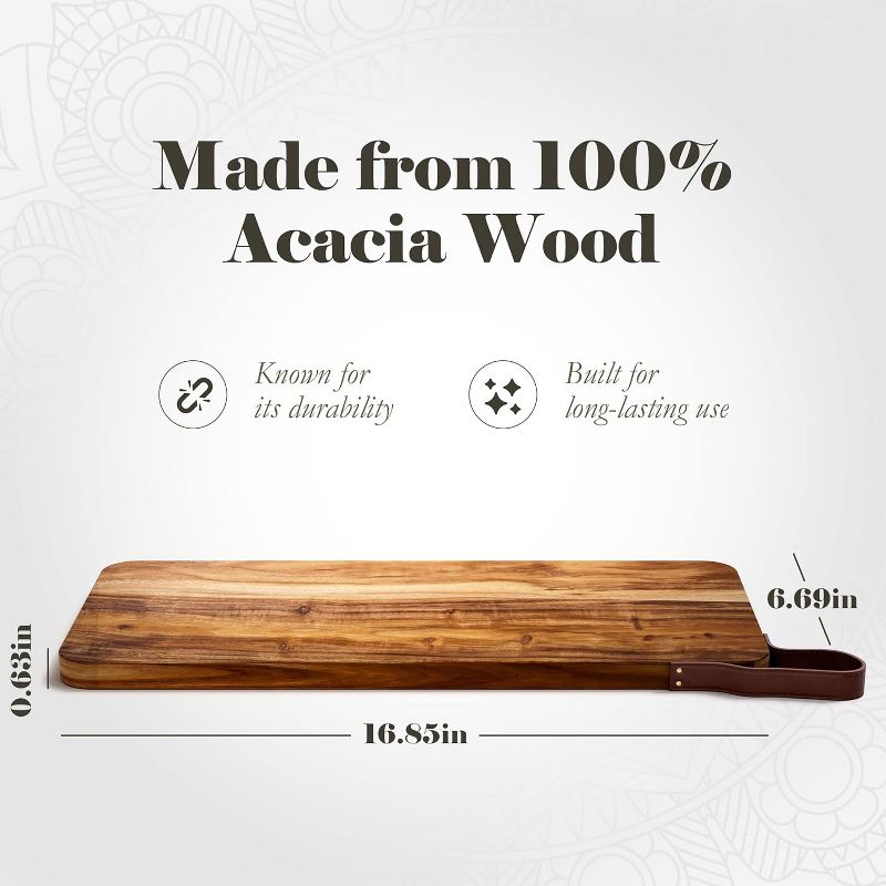 American Atelier Acacia Wood Cutting Board with Single Leather Handle, Large Chopping Board, Wooden Serving Tray for Cheese, Meats, Charcuterie Board, 3 of 8