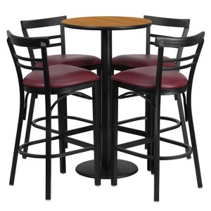 Flash Furniture 24'' Round Natural Laminate Table Set with Round Base and 4 Two-Slat Ladder Back Metal Barstools - Burgundy Vinyl Seat - 1 of 2