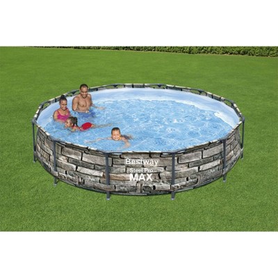 12ft Stone Print Steel Frame Round Above Ground Pool with Filter Pump