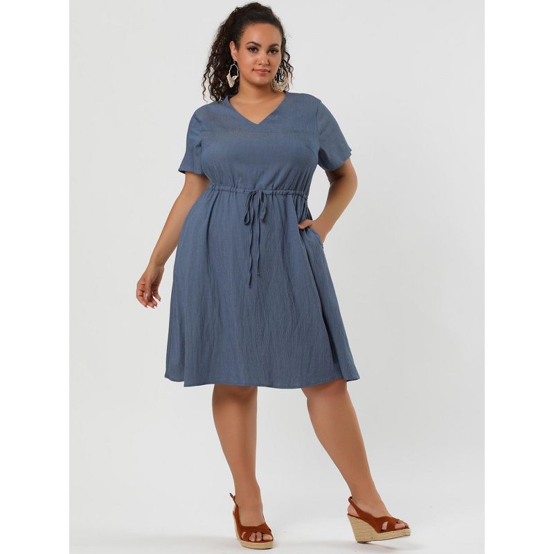 Agnes Orinda Women's Plus Size Tie Waist Short Sleeve Solid Chambray Casual Shirt Dresses, 3 of 7