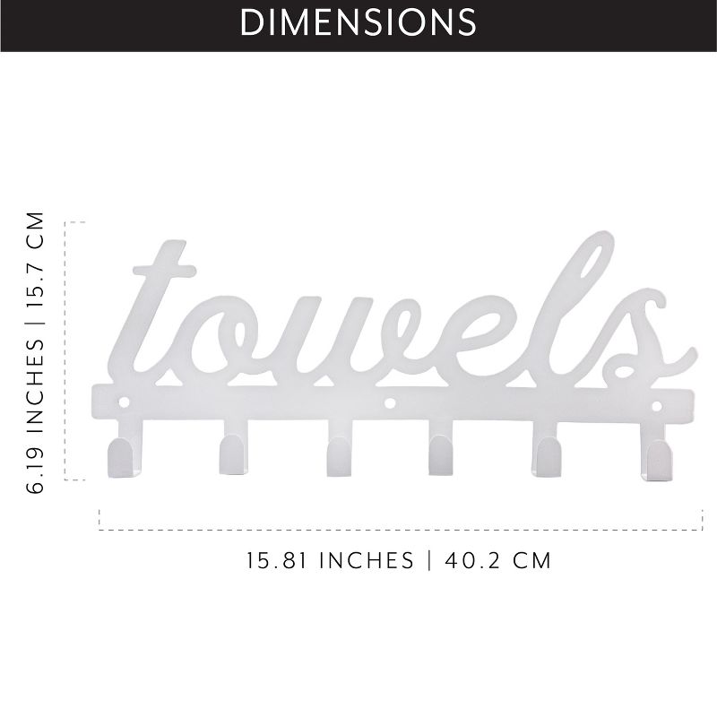 AuldHome Design White Towel Hanger w/6 Hooks; Farmhouse Style Towel Hanger Hooks for Wall / Door mounted, 3 of 9