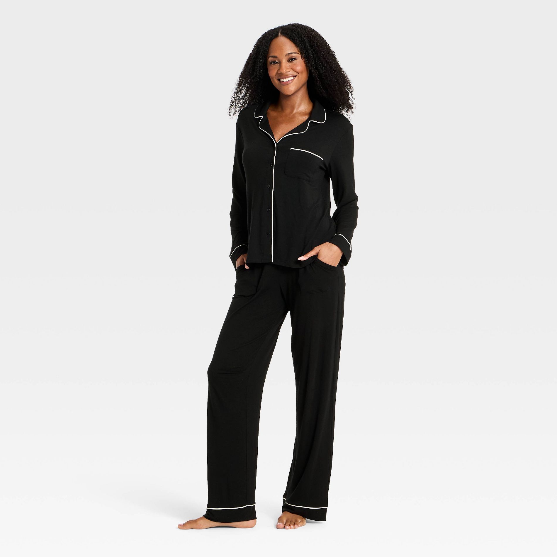 Women's Cloud Knit Modal Long Sleeve Notch Collar Top and Pants Pajama Set - Auden™ Black M