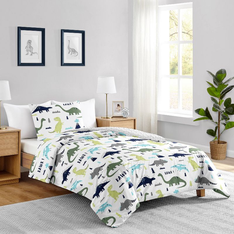 4pc Mod Dinosaur Twin Kids&#39; Comforter Bedding Set Blue and Green - Sweet Jojo Designs, 4 of 8