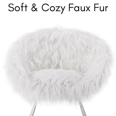 White Faux Fur Papasan Chair with Silver Metal Legs
