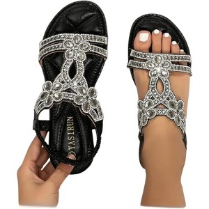 Clotth Women's Floral Flat Sandals - Elastic Strap for Summer Beach, Sparkling Jeweled Bohemian Flats,Sandals with Non Slip Shoes - 1 of 4