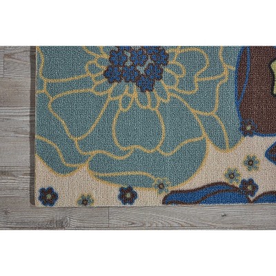 Light Blue Floral Synthetic Flat Woven Runner Rug