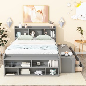 MAYEERTY Full Size Solid Wood Bed with Bookcase Headboard Under Bed Storage Drawers and Bed End Stoarge Case for Bedroom Gray - 1 of 4