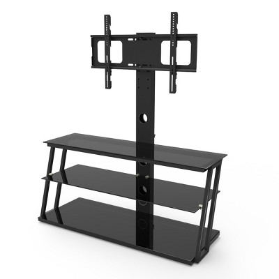 GlasFlength TV Stands and Consoles Modern Swivel Media Console with Height Adjustable Design and Tempered Glass Shelves, Black, 41.3"*16.9"*50.2"