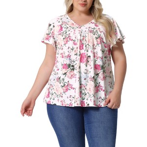 Agnes Orinda Women's Plus Size V Neck Ruffle Short Sleeve Boho Floral Casual T-Shirt - 1 of 4